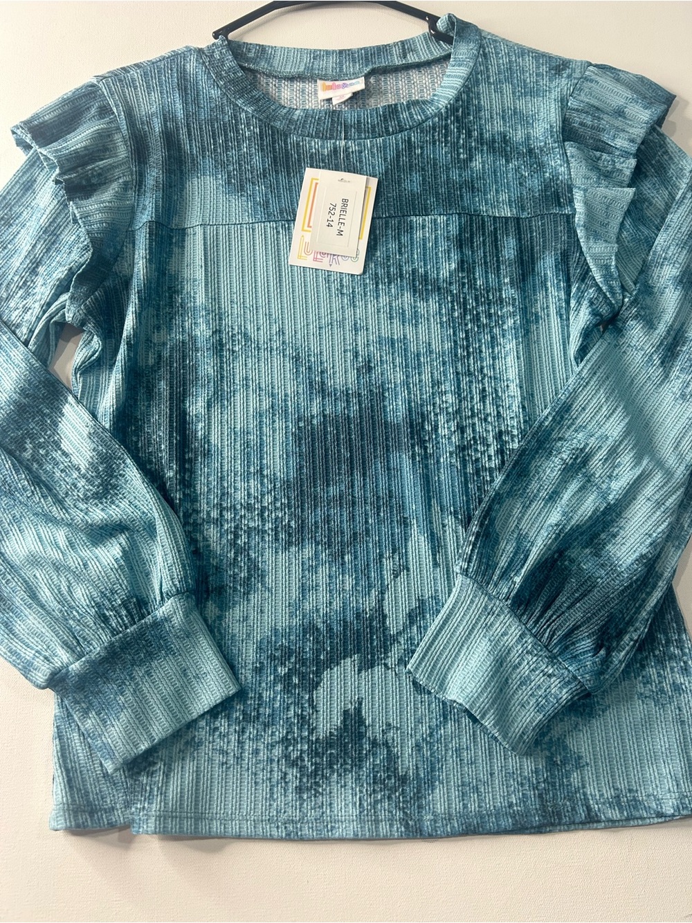 NWT Lularoe Medium Brielle Ribbed Blue Tie-Dye Puff Long Sleeve Top